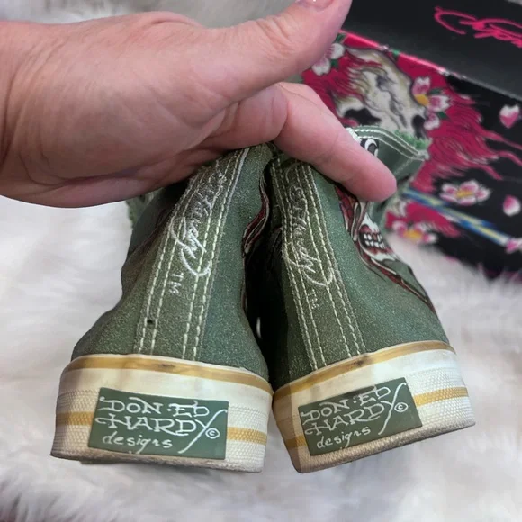 Ed Hardy high-top cracked leather over canvas, sneakers, tattoo shoes, size 10 - Picture 6 of 13